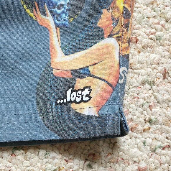 Lost Board Shorts Swim Mens L/M*Gray Skull Naked Snake Women Surf Goth - Picture 5 of 8